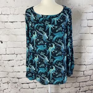 Ann Taylor LOFT Peacock Print Blouse Blue Roll Tab Sleeve Women’s Size Large